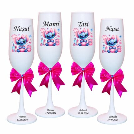 pahare botez personalizate stitch roz