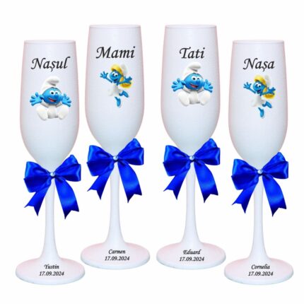 pahare botez personalizate strumfi alb