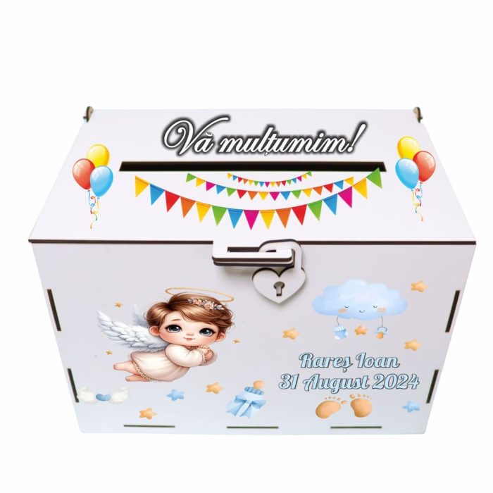 Cutie de bani pentru botez, Personalizata, Ingeras, Multicolor, Lemn, 30x20x20 cm, CDBUV023 - imagine 1
