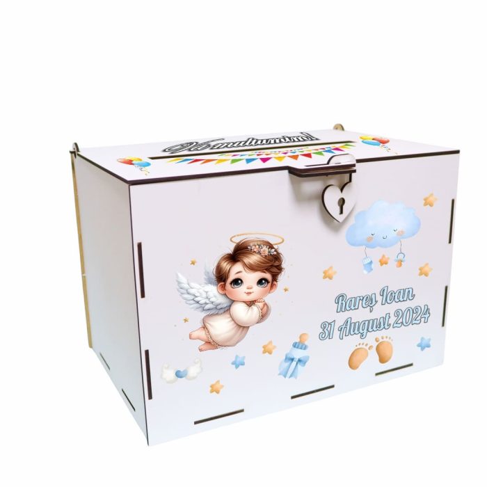 Cutie de bani pentru botez, Personalizata, Ingeras, Multicolor, Lemn, 30x20x20 cm, CDBUV023 - imagine 3