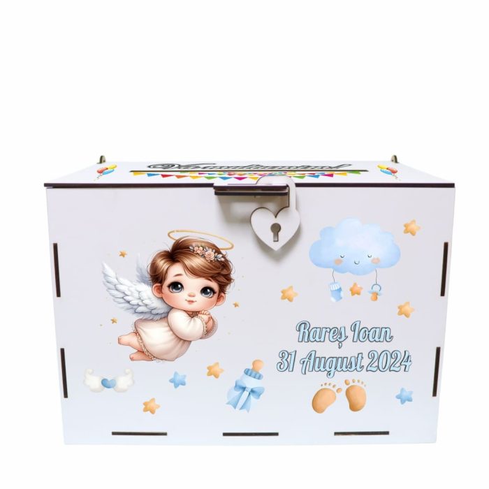 Cutie de bani pentru botez, Personalizata, Ingeras, Multicolor, Lemn, 30x20x20 cm, CDBUV023 - imagine 2