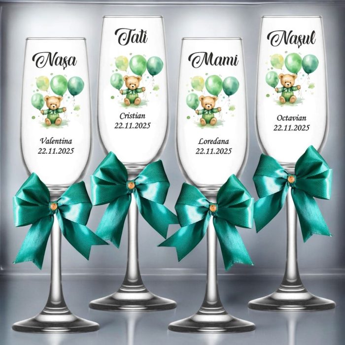 Set 4 Pahare Personalizate, Ursulet, Botez, Parinti, Nasi, Verde, PBT012 - imagine 3