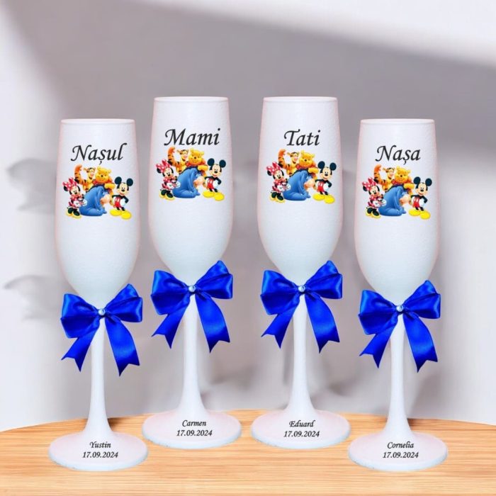 Set 4 Pahare Personalizate, Mickey Mouse, Winnie The Pooh, Botez, Parinti, Nasi, Alb, PHB002 - imagine 3