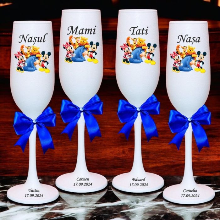 Set 4 Pahare Personalizate, Mickey Mouse, Winnie The Pooh, Botez, Parinti, Nasi, Alb, PHB002 - imagine 4