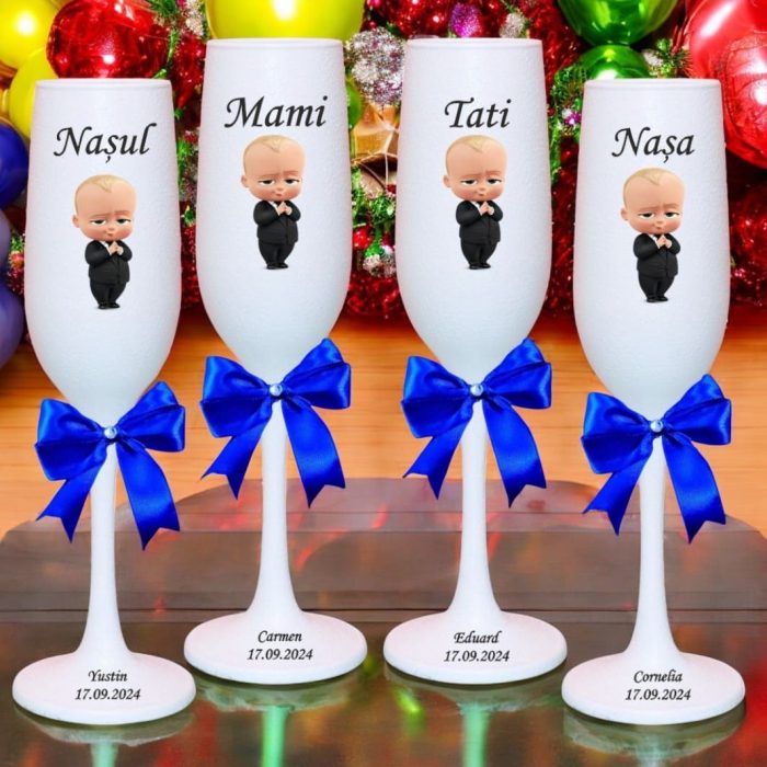 Set 4 Pahare Personalizate, Baby Boss, Botez, Parinti, Nasi, Alb, PHB003 - imagine 4