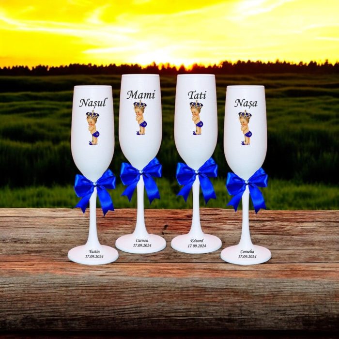 Set 4 Pahare Personalizate, Micul Print, Botez, Parinti, Nasi, Alb, PHB012 - imagine 2