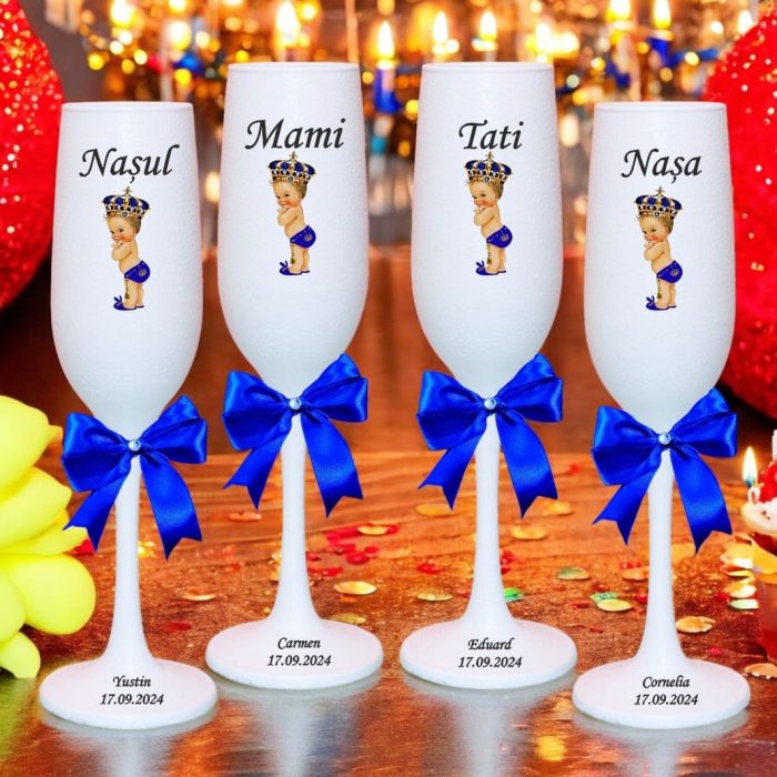 Set 4 Pahare Personalizate, Micul Print, Botez, Parinti, Nasi, Alb, PHB012 - imagine 3
