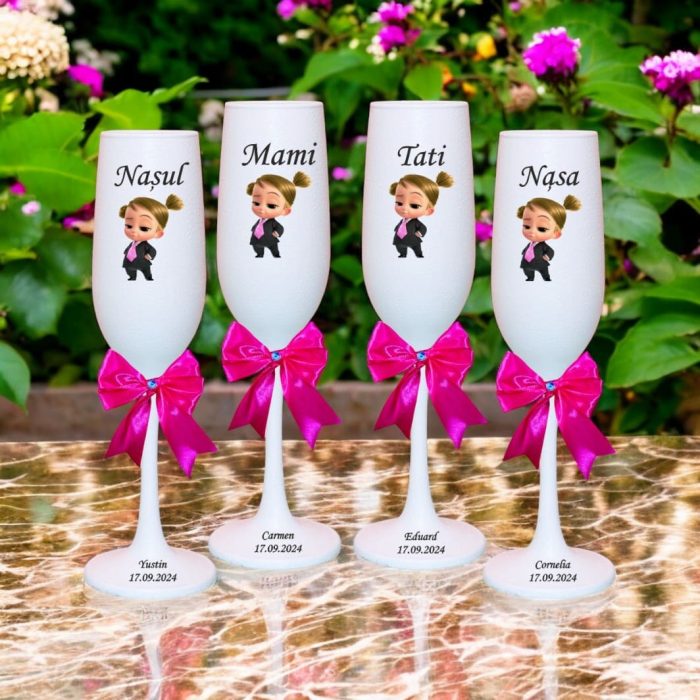Set 4 Pahare Personalizate, Baby Boss Girl, Botez, Parinti, Nasi, Alb, PHB028 - imagine 4