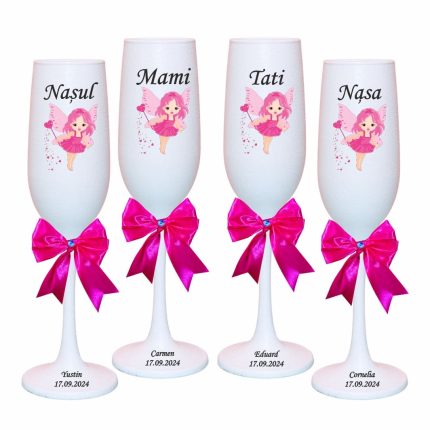 Set 4 Pahare Personalizate, Zana, Botez, Parinti, Nasi, Alb, PHB029