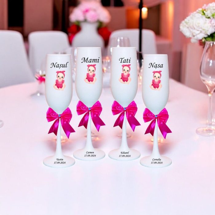 Set 4 Pahare Personalizate, Baby Girl, Botez, Parinti, Nasi, Alb, PHB030 - imagine 2