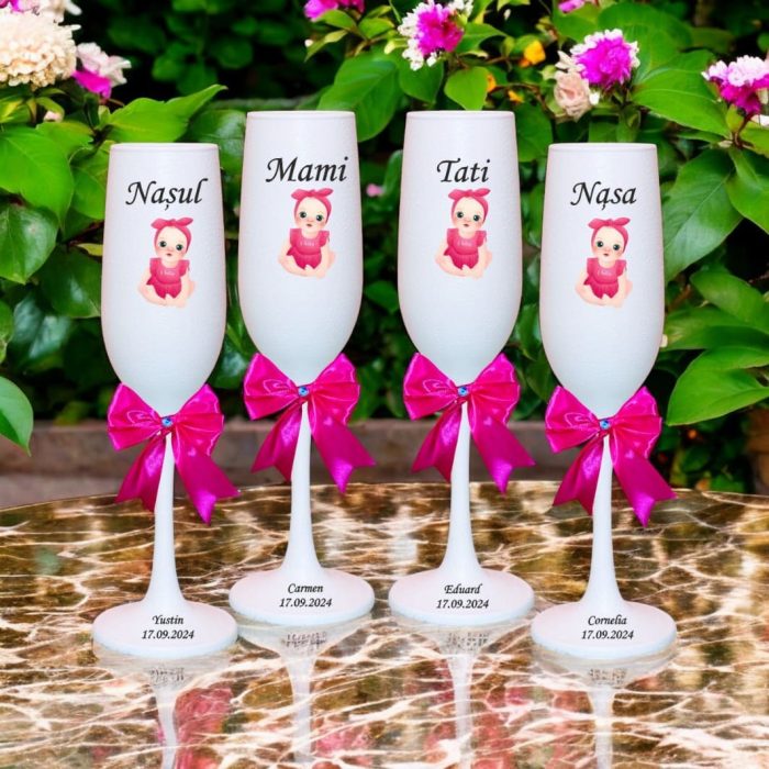 Set 4 Pahare Personalizate, Baby Girl, Botez, Parinti, Nasi, Alb, PHB030 - imagine 4