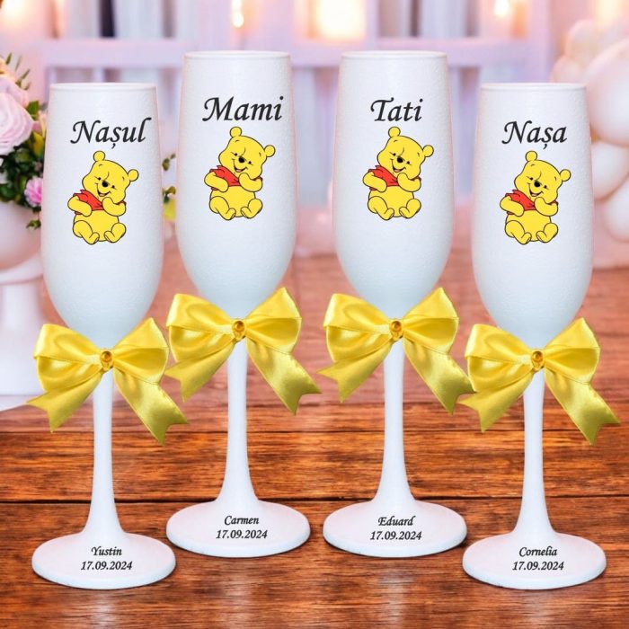 Set 4 Pahare Personalizate, Winnie The Pooh, Botez, Parinti, Nasi, Alb, PHB035 - imagine 4