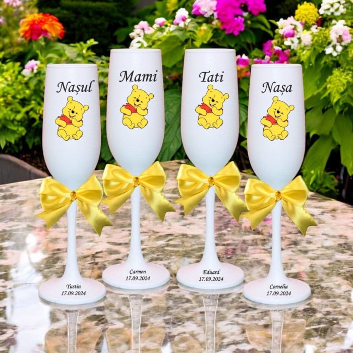 Set 4 Pahare Personalizate, Winnie The Pooh, Botez, Parinti, Nasi, Alb, PHB035 - imagine 3