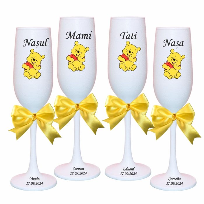 Set 4 Pahare Personalizate, Winnie The Pooh, Botez, Parinti, Nasi, Alb, PHB035 - imagine 1