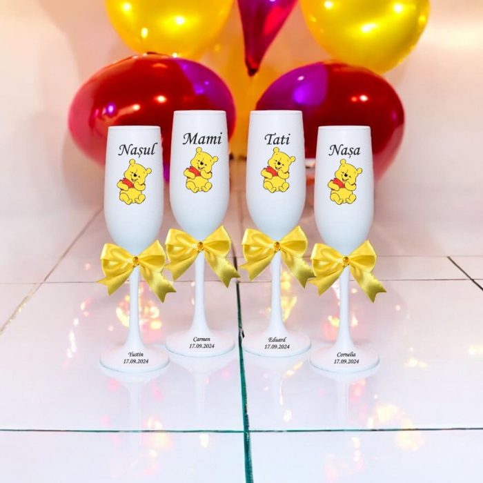 Set 4 Pahare Personalizate, Winnie The Pooh, Botez, Parinti, Nasi, Alb, PHB035 - imagine 2