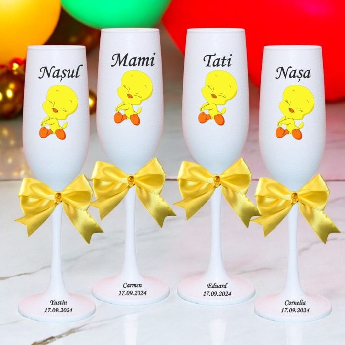 Set 4 Pahare Personalizate, Tweety, Botez, Parinti, Nasi, Alb, PHB039 - imagine 3