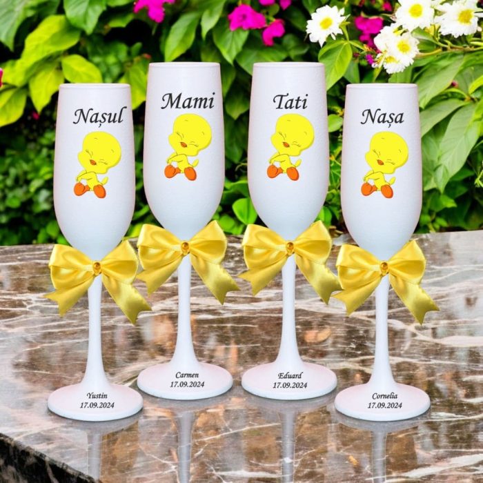 Set 4 Pahare Personalizate, Tweety, Botez, Parinti, Nasi, Alb, PHB039 - imagine 2