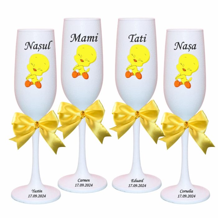 Set 4 Pahare Personalizate, Tweety, Botez, Parinti, Nasi, Alb, PHB039 - imagine 1