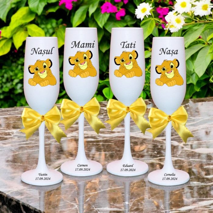 Set 4 Pahare Personalizate, Simba, Regele Leu, Botez, Parinti, Nasi, Alb, PHB040 - imagine 2