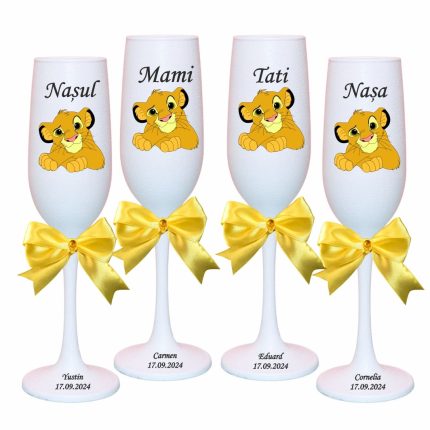 Set 4 Pahare Personalizate, Simba, Regele Leu, Botez, Parinti, Nasi, Alb, PHB040