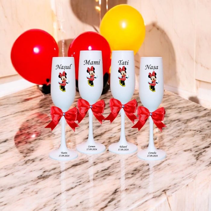 Set 4 Pahare Personalizate, Minnie Mouse, Botez, Parinti, Nasi, Alb, PHB042 - imagine 2