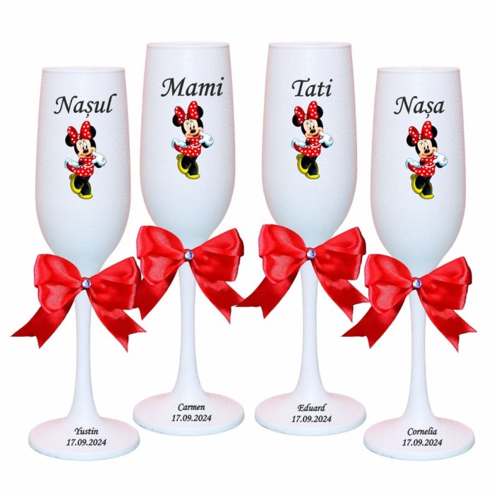 Set 4 Pahare Personalizate, Minnie Mouse, Botez, Parinti, Nasi, Alb, PHB042 - imagine 1