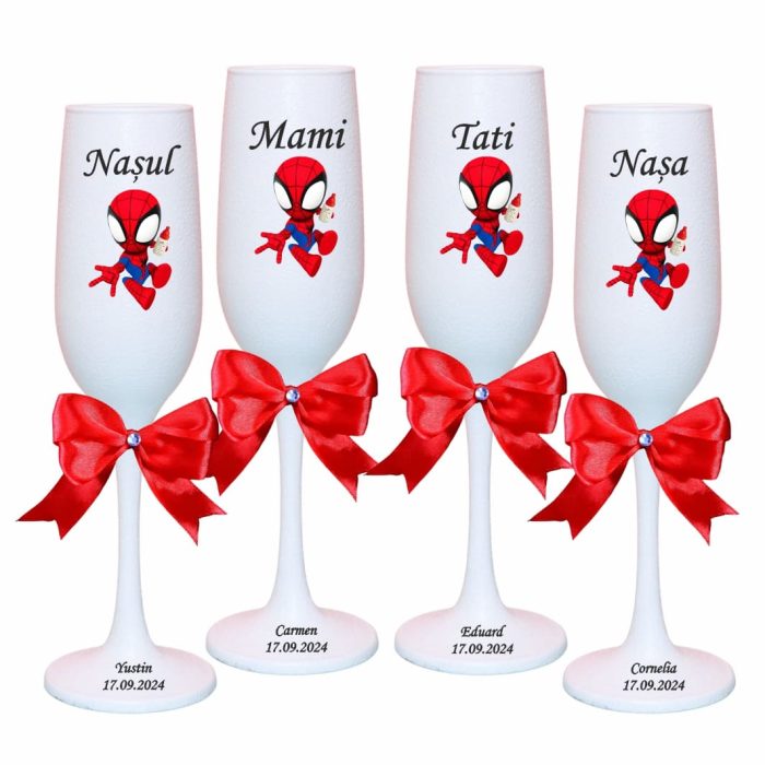 Set 4 Pahare Personalizate, Spider Man, Botez, Parinti, Nasi, Alb, PHB049 - imagine 1