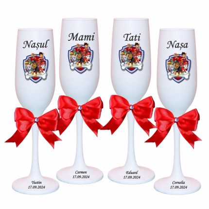 Set 4 Pahare Personalizate, Patrula Catelusilor, Botez, Parinti, Nasi, Alb, PHB050