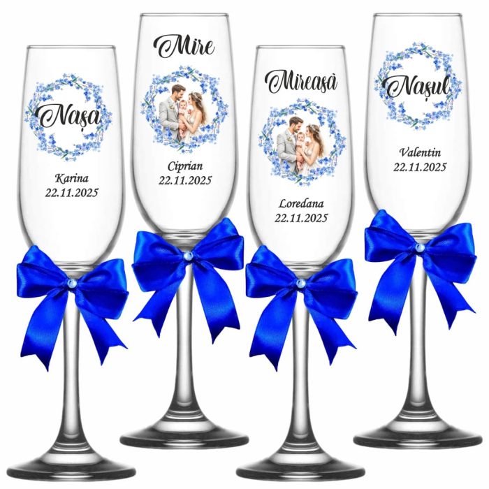 Set 4 Pahare Personalizate, Nunta, Miri, Nasi, Albastru, PNBT005 - imagine 1