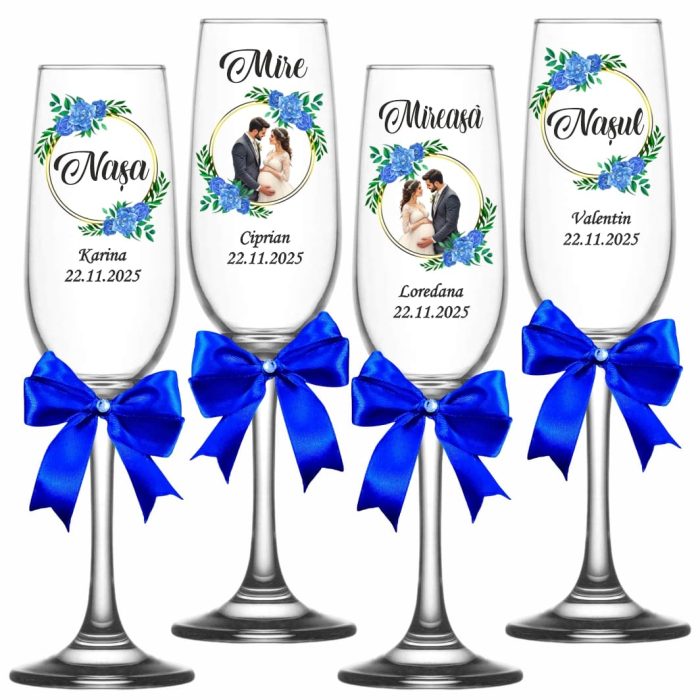 Set 4 Pahare Personalizate, Nunta, Miri, Nasi, Albastru, PNBT016 - imagine 1