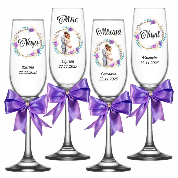 Set 4 Pahare Personalizate, Nunta, Miri, Nasi, Mov, PNBT018 - imagine 1