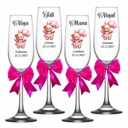 pahare botez personalizate ursulet roz