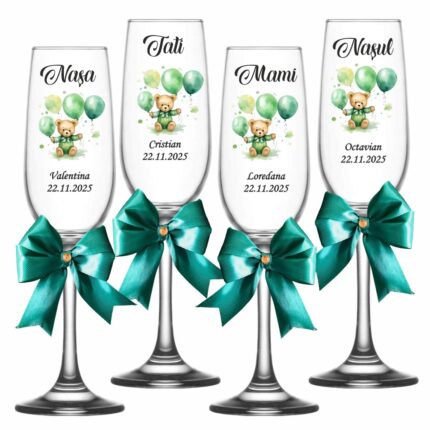 pahare botez personalizate ursulet verde