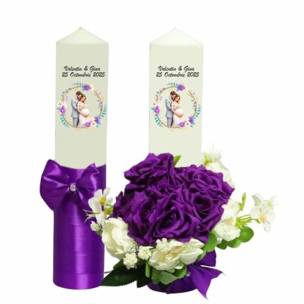 Set Lumanari Nunta, Personalizate, Mire Mireasa, 2 Bucati, Mov, 35 cm, LN032