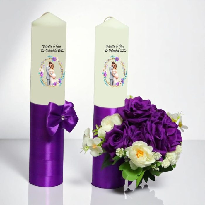 Set Lumanari Nunta, Personalizate, Mire Mireasa, 2 Bucati, Mov, 35 cm, LN032 - imagine 4