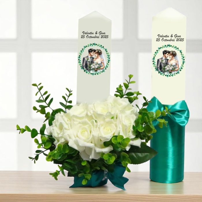 Set Lumanari Nunta, Personalizate, Mire Mireasa, 2 Bucati, Verde, 35 cm, LN034 - imagine 3