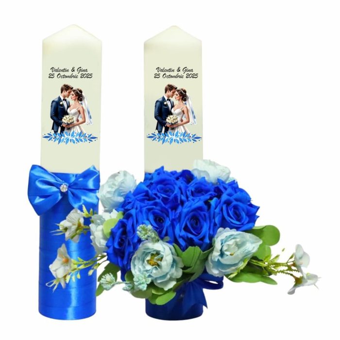 Set Lumanari Nunta, Personalizate, Mire Mireasa, 2 Bucati, Albastru, 35 cm, LN042 - imagine 1