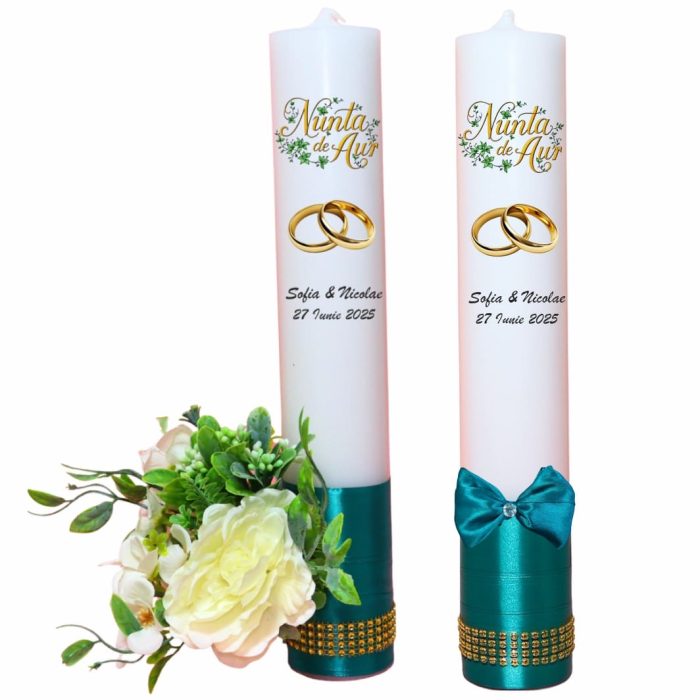 Set Lumanari, Nunta de Aur, Personalizate, 2 Bucati, Verde, 35 cm, LNAU010 - imagine 1