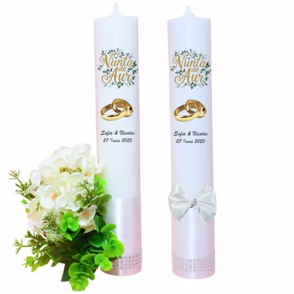 Set Lumanari, Nunta de Aur, Personalizate, 2 Bucati, Alb, 35 cm, LNAU015