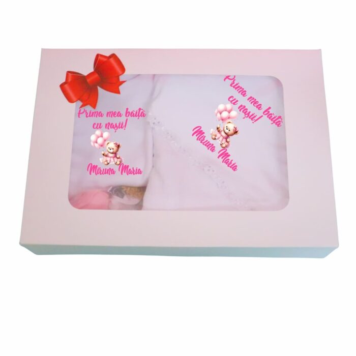 Set Prima mea baita cu Nasii, Alb, Urs Roz, Bumbac, SPB32 - imagine 1