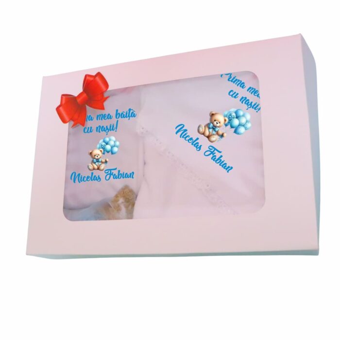 Set Prima mea baita cu Nasii, Alb, Urs albastru, Bumbac, SPB45 - imagine 1
