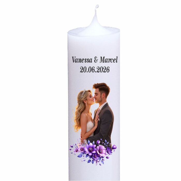 Lumanare personalizata nunta miri flori mov