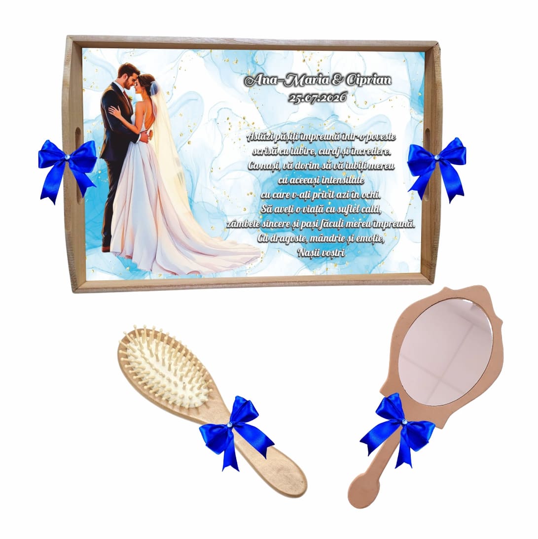 Set gatit mireasa personalizat fundite albastre