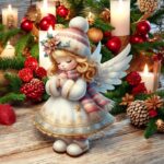 figurina lemn craciun inger fetita roz