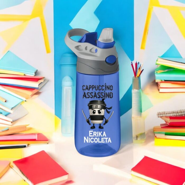 Sticla Apa Copii, Personalizata, Cu Pai, Cappuccino Assassino, Albastra, 450ml, BPS034 - imagine 4