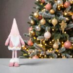 figurina craciun gnome roz blana catifelata decorata