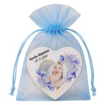 Marturie Magnet Inima, Botez, Flori Albastre, 8 cm, MB021