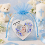 Marturie Magnet Inima, Botez, Flori Albastre, 8 cm, MB021 - imagine 3