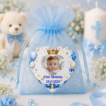 Marturie Magnet Inima, Botez, Coroana Regala, Albastru, 8 cm, MB024 - imagine 3