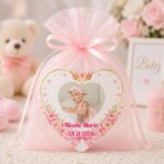 Marturie Magnet Inima, Botez, Coroana Regala, Roz, 8 cm, MB031 - imagine 3